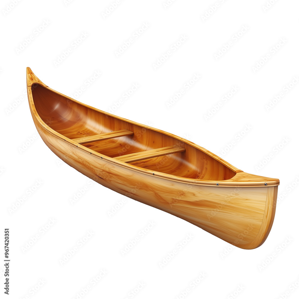 A pristine wooden canoe ready for adventure on serene waters under the bright sun A pristine wooden canoe ready for adventure on serene waters under the bright sun