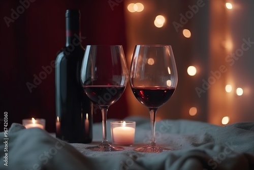 Valentines day room decoration and two glasses of red wine with bokeh blur background