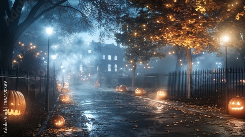 A haunted prison yard decorated for Halloween pumpkins glowing around the perimeter photo