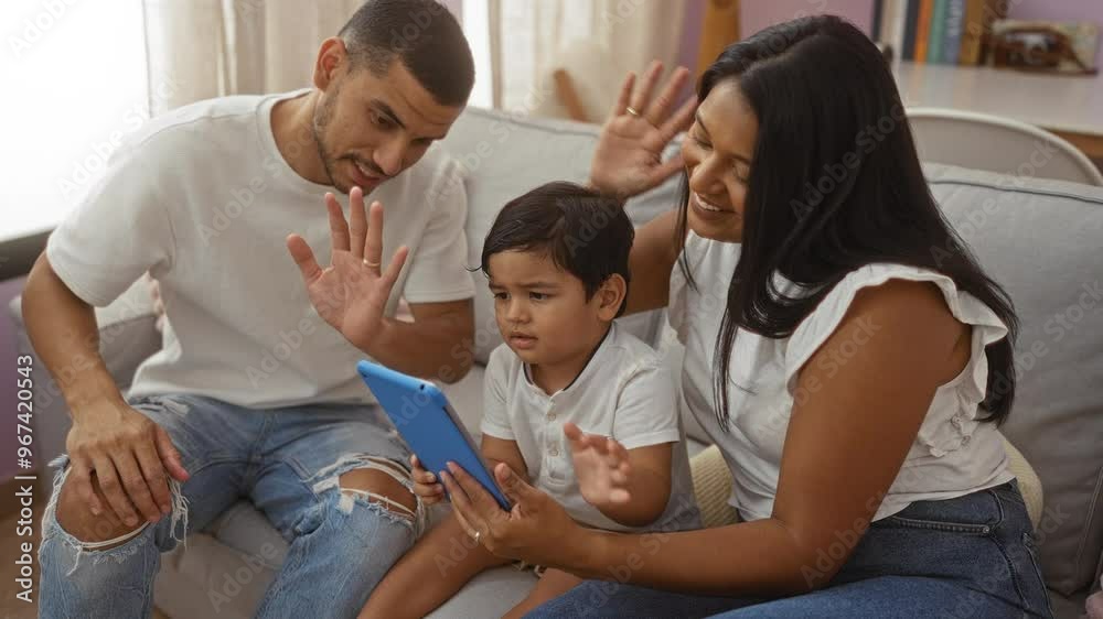 Latin family including man woman and child sitting on couch having video call on tablet at home with love and togetherness Latin family including man woman and child sitting on couch having video call on tablet at home with love and togetherness