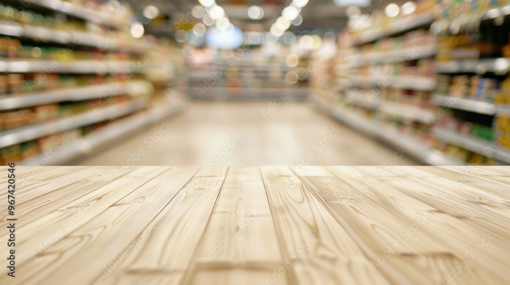 Grocery store table, Empty wooden shelf, counter over blur product shelves in supermarket with bokeh background, store product display montage, shop mockup, template poster banner