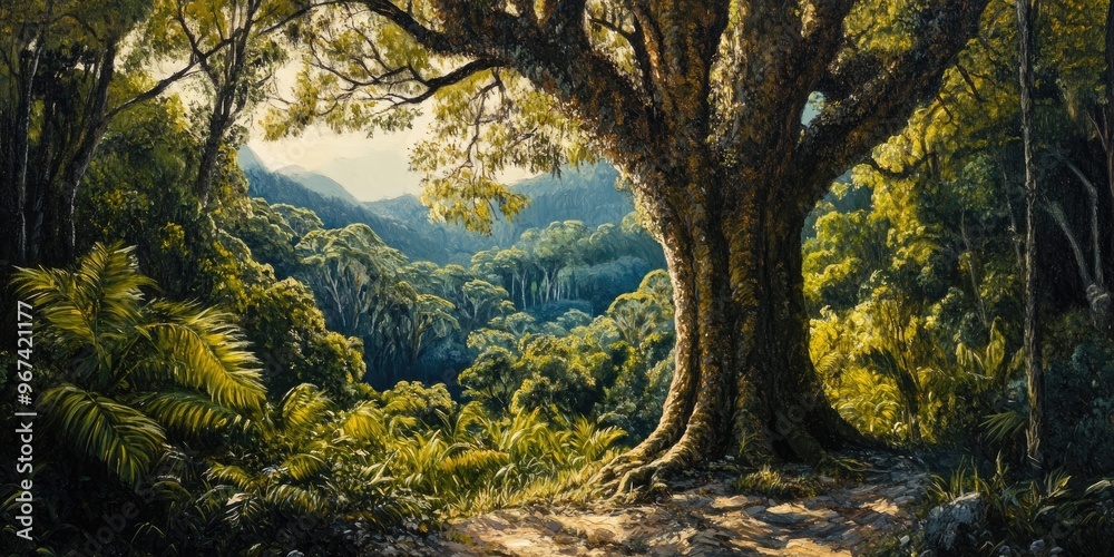 Oil painting depicting a kauri tree surrounded by lush forest scenery Oil painting depicting a kauri tree surrounded by lush forest scenery