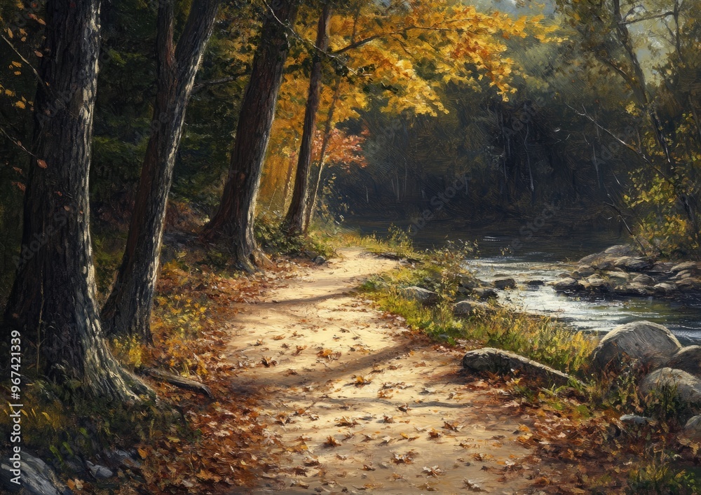 Oil painting depicting a serene forest trail alongside a small river featuring a dusty path covered in fallen leaves and tree branches illustrating a peaceful natural landscape Oil painting depicting a serene forest trail alongside a small river featuring a dusty path covered in fallen leaves and tree branches illustrating a peaceful natural landscape