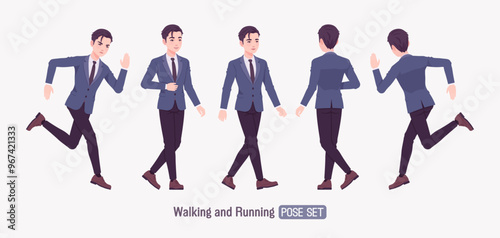 Handsome Asian guy, young businessman wearing formal outfit set, running pose professional portrait. Confident serious millennial successful company leader, enthusiastic employer. Vector illustration