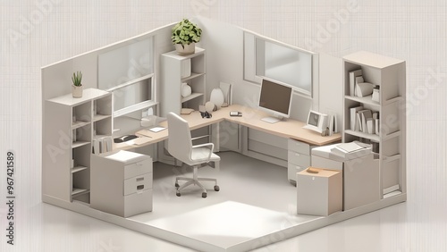 Minimalist isometric workspace with sleek modern design, showcasing clean and organized office setup, perfect for contemporary visuals.