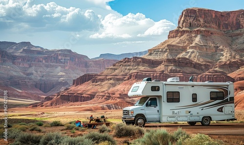 recreational vehicle (RV) parked in a stunning red rock desert landscape, under a vibrant blue sky filled with white, fluffy clouds
