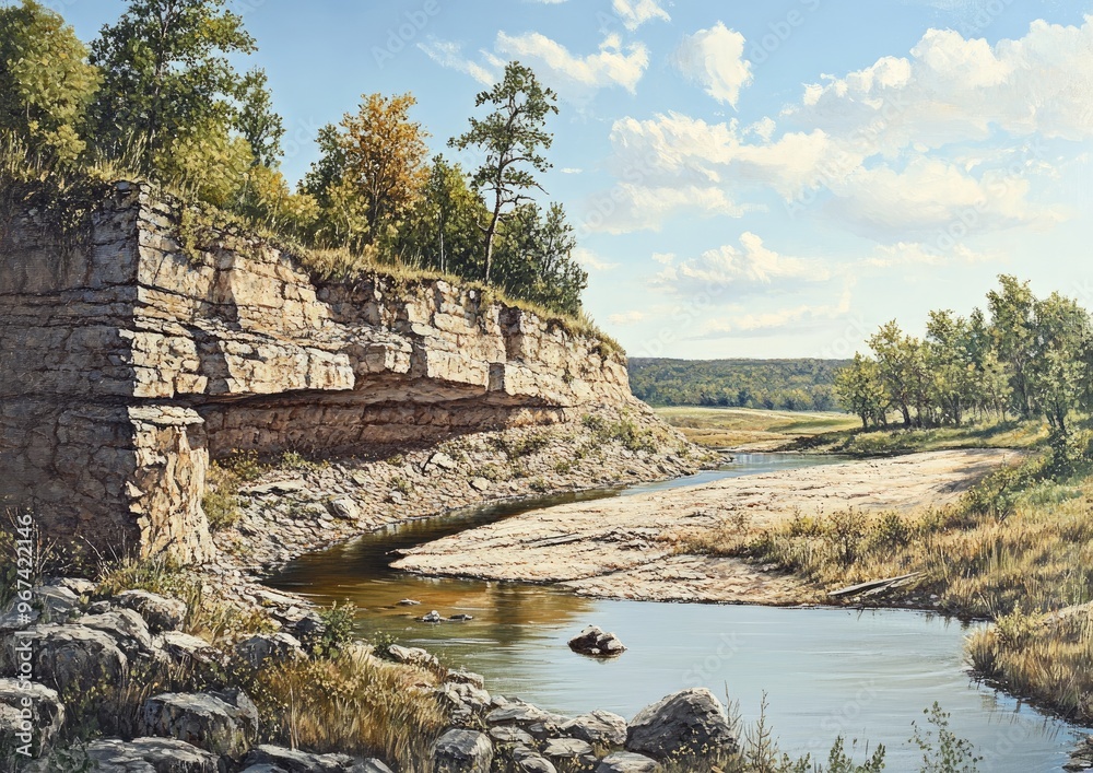 Oil painting depicting a vast creek and a prominent bluff hole in a natural landscape setting