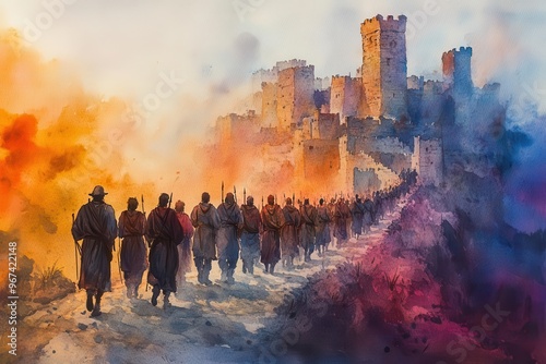 vibrant watercolor depiction of joshua leading israelites around jerichos walls dynamic brushstrokes capture movement and tension blending historical and artistic elements