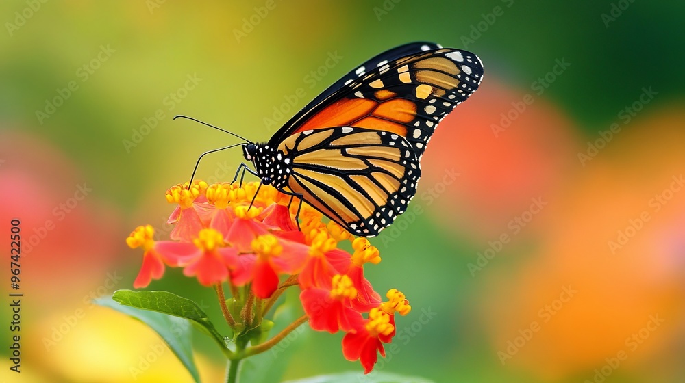 A beautiful monarch butterfly flutters on a colorful flower. A beautiful monarch butterfly flutters on a colorful flower.