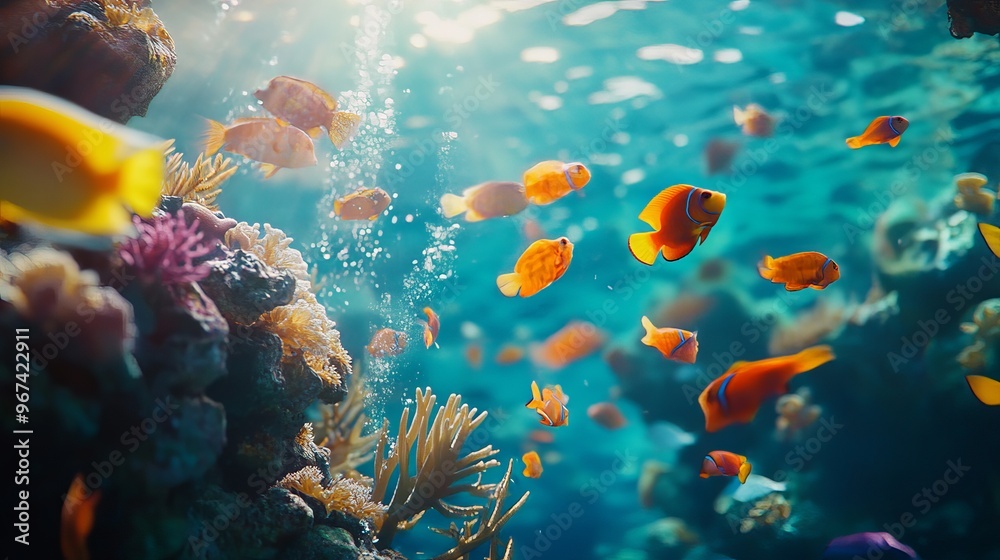 Fototapeta premium A beautiful ocean scene with colorful fish swimming in the clear blue water.