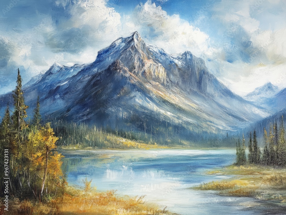 Fototapeta premium Oil painting depicting a majestic mountain in a national park setting showcasing natural beauty and artistic expression