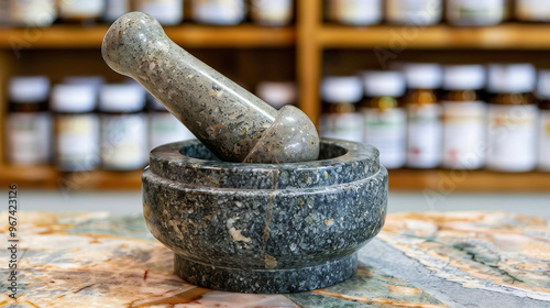 Mortar and pestle on pharmacy counter top with medicine shelves in drugstore background