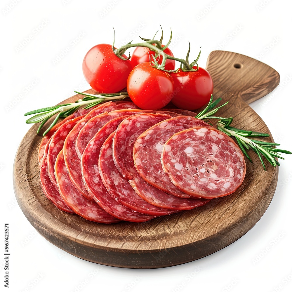 slices of bosnian smoked salami on a wooden plate, side view, isolated white background. slices of bosnian smoked salami on a wooden plate, side view, isolated white background.
