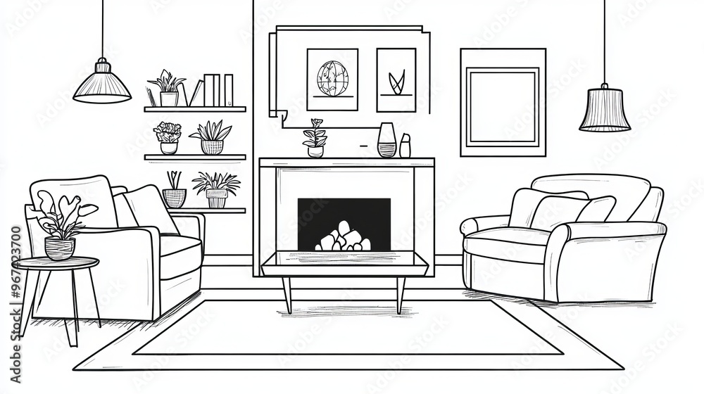 A simple, line drawing of a living room with a fireplace. The drawing is like a sketch, showing the basic shape of the room. A simple, line drawing of a living room with a fireplace. The drawing is like a sketch, showing the basic shape of the room.