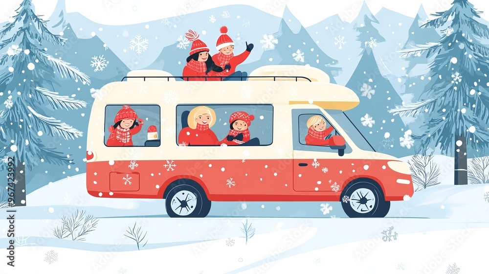 A cheerful couple is driving in their car in the winter. The family is enjoying a holiday trip in their motorhome. This flat design vector illustration depicts their winter vacation. A cheerful couple is driving in their car in the winter. The family is enjoying a holiday trip in their motorhome. This flat design vector illustration depicts their winter vacation.
