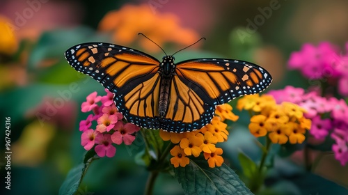 A stunning butterfly rests on a colorful flower in a garden.