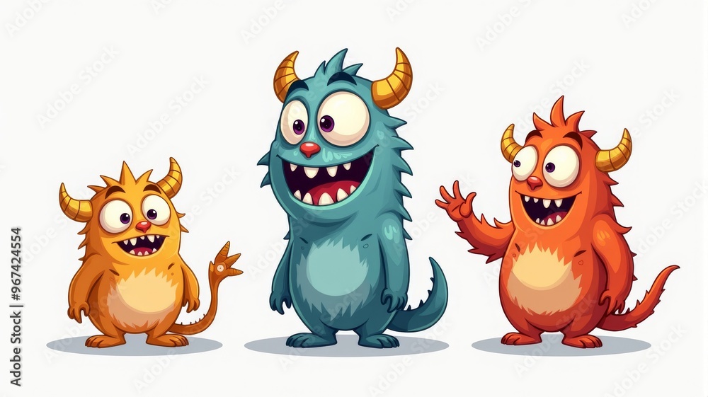 Adorable Cartoon Monsters Illustration with Horns and Expressive Faces - Perfect for Children's Books and Halloween Themes. Adorable Cartoon Monsters Illustration with Horns and Expressive Faces - Perfect for Children's Books and Halloween Themes.