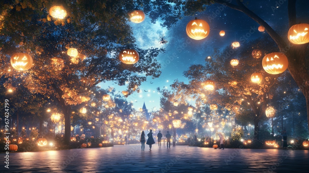 Naklejka premium A magical pumpkin forest at a Halloween night festival glowing lanterns hanging from trees