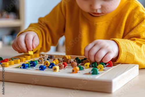 a child using a Montessori sensory board with various textures and fastenings