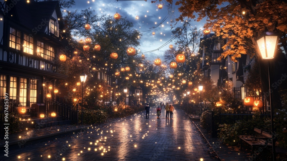 A magical village on Halloween night pumpkins glowing in every window A magical village on Halloween night pumpkins glowing in every window