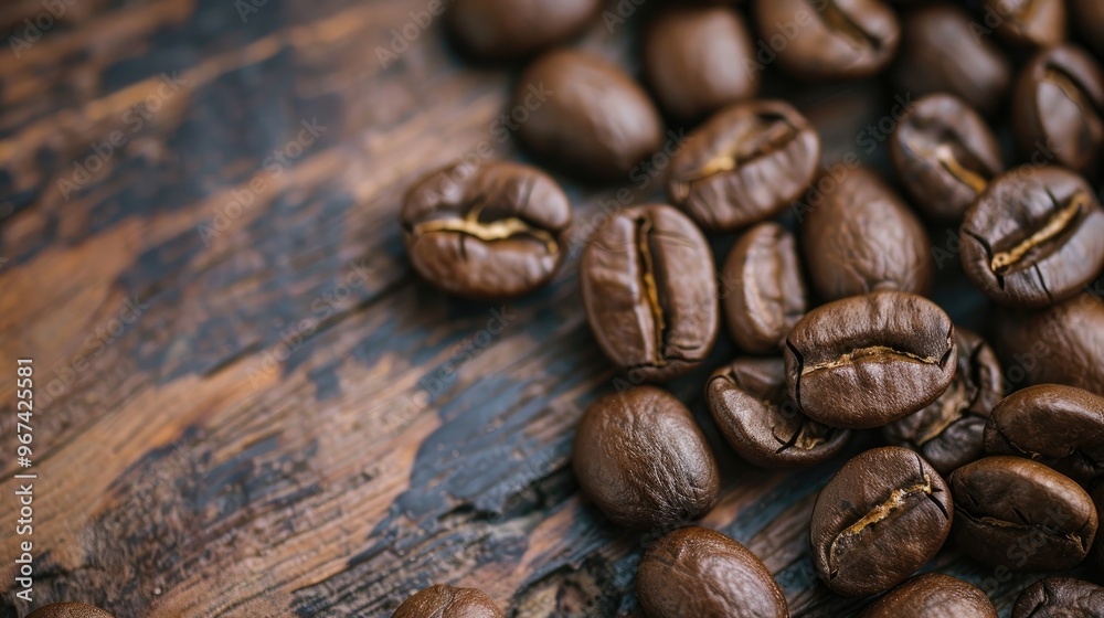 Naklejka premium Coffee beans displayed on a wooden surface
