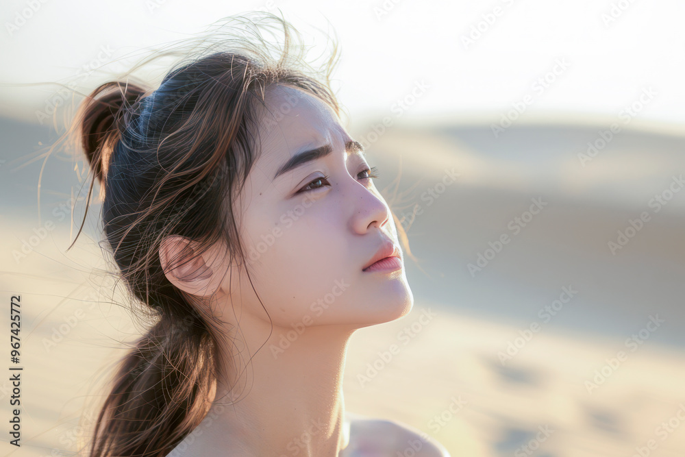 Thoughtful woman gazing into the distance in a serene desert landscape Thoughtful woman gazing into the distance in a serene desert landscape