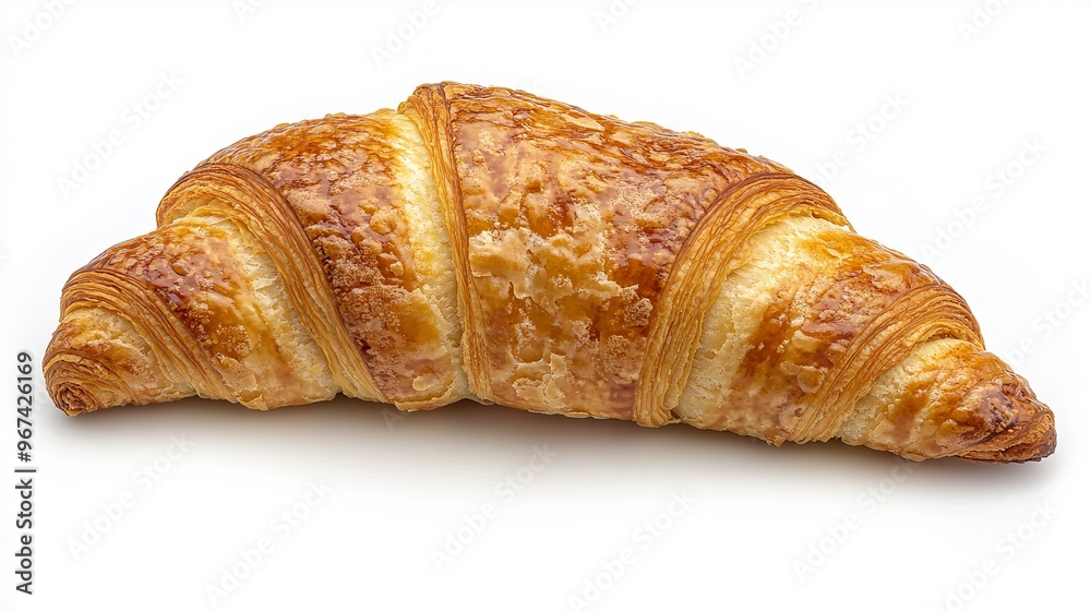 A croissant is a delicious French pastry that is baked in the oven. It is made from flour, butter, yeast, and cheese. The croissant is depicted on a white background, top view.