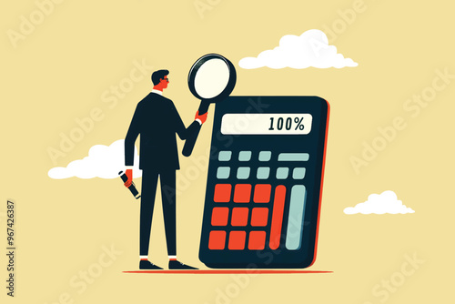 illustration of a businessman holding a magnifying glass standing in front of a large calculator