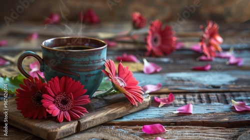 Fototapeta Naklejka Na Ścianę i Meble -  Coffee cup and flowers on wood backdrop