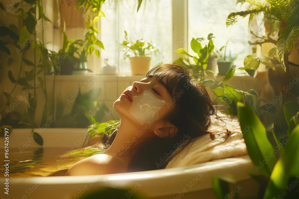 Woman relaxing in bathtub with plants and sunlight Woman relaxing in bathtub with plants and sunlight
