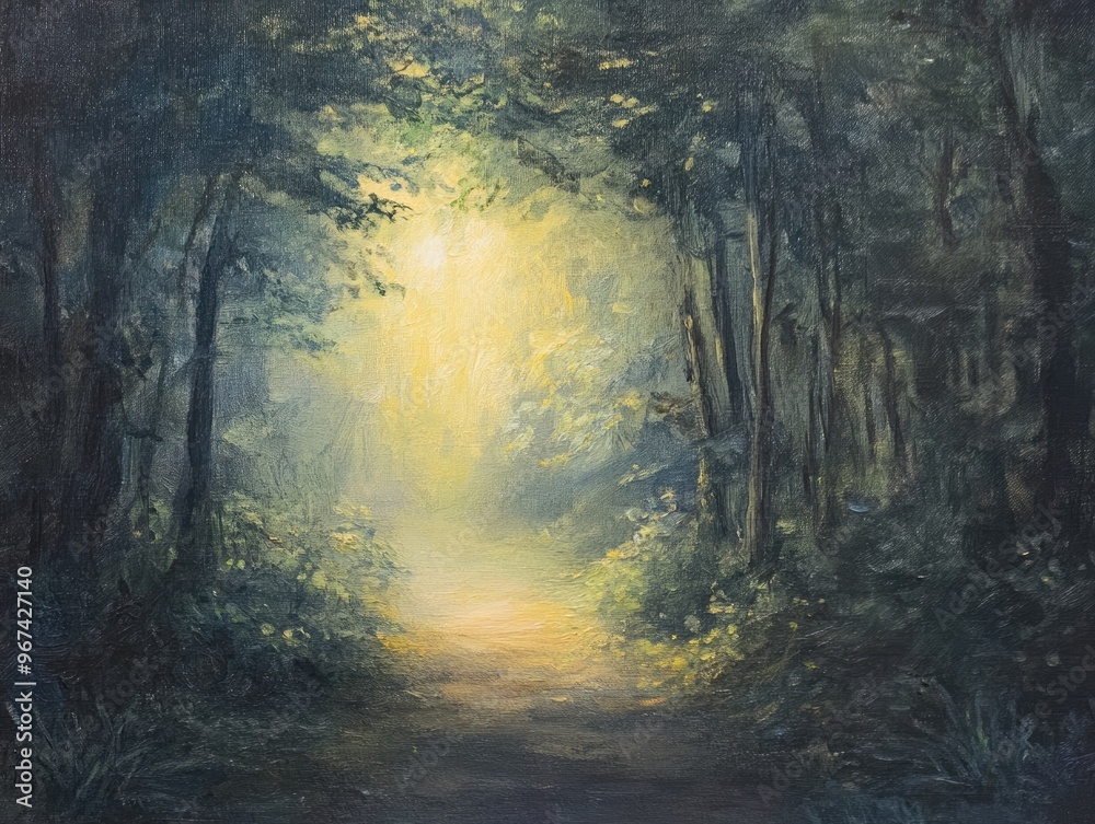 Obraz premium Oil painting depicting a softly illuminated forest with a focus on gentle light and a serene backdrop