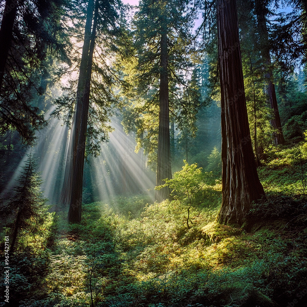 Fototapeta premium The tranquil forest, flooded with sunlight streaming through the tall trees, casts rays that illuminate the bright undergrowth and create a peaceful, ethereal atmosphere.