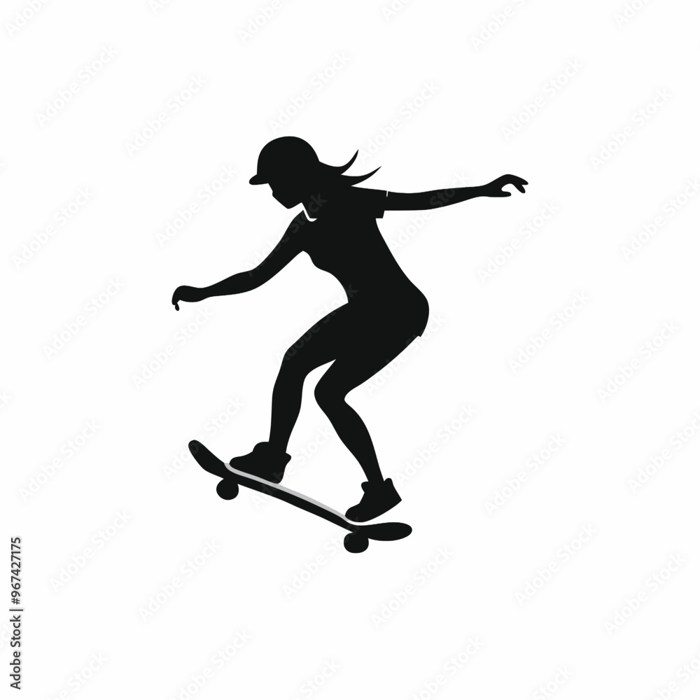 a Female skater practicing skateboarding. Ollie on skateboard, vector silhouette, isolated white background, a Female skater practicing skateboarding. Ollie on skateboard, vector silhouette, isolated white background,