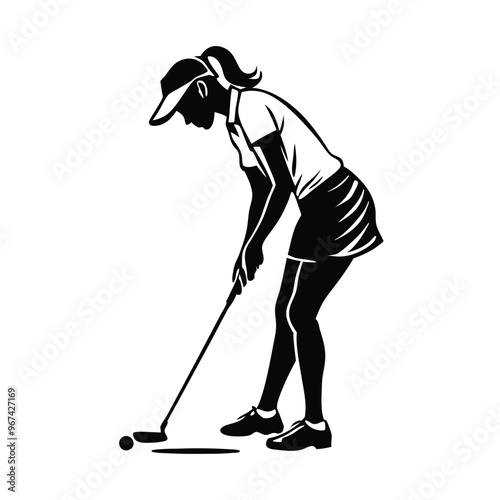 woman playing golf, positioned to take a putt. She is wearing a cap, shorts, and a sleeveless top, with a red splash 