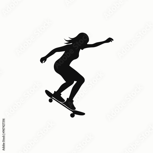 a  Female skater practicing skateboarding. Ollie on skateboard, vector silhouette, isolated white background, 
