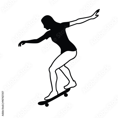 a  Female skater practicing skateboarding. Ollie on skateboard, vector silhouette, isolated white background, 