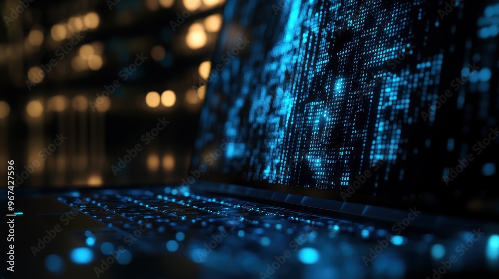 Close Up of a Laptop Screen Displaying Binary Code Close Up of a Laptop Screen Displaying Binary Code
