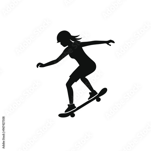 a  Female skater practicing skateboarding. Ollie on skateboard, vector silhouette, isolated white background, 