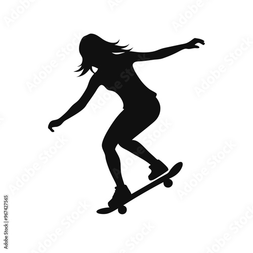 a  Female skater practicing skateboarding. Ollie on skateboard, vector silhouette, isolated white background, 