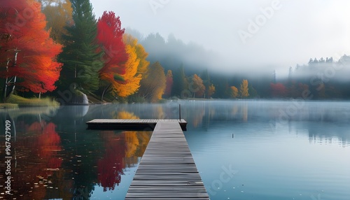 Serene lakeside retreat with wooden dock, vibrant autumn foliage, misty waters, and a peaceful ambiance