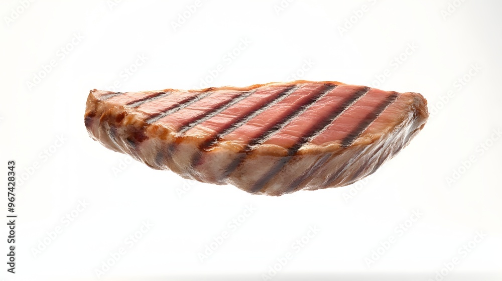 Obraz premium 45. **A 3D render of a falling grilled tuna steak, its seared exterior and pink interior detailed against a clean white background