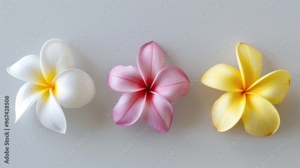 Collection of frangipani flowers in white yellow and pink