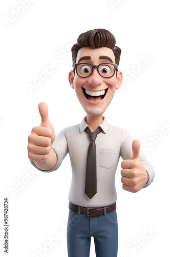 Happy adult man showing thumb up gesture 3d style cartoon character. Successful businessman smiling with ok like cool finger