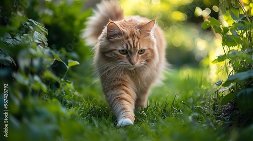 A fluffy orange cat walks through a garden during summer. Green grass surrounds the cat.