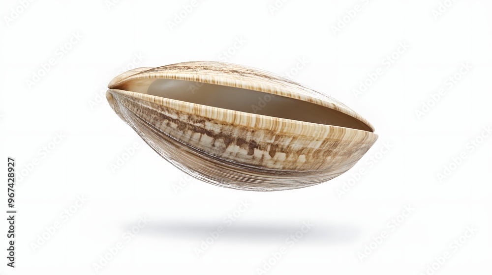 47. **A 3D render of a falling fresh clam, with its smooth shell and inner meat visible against a clean white background 47. **A 3D render of a falling fresh clam, with its smooth shell and inner meat visible against a clean white background