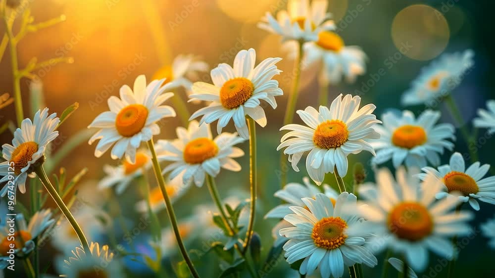 Daisy flowers blooming at sunset in a vibrant garden with golden light Daisy flowers blooming at sunset in a vibrant garden with golden light