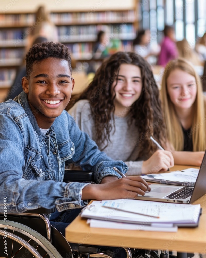 Diverse group of happy students studying together in a library Diverse group of happy students studying together in a library