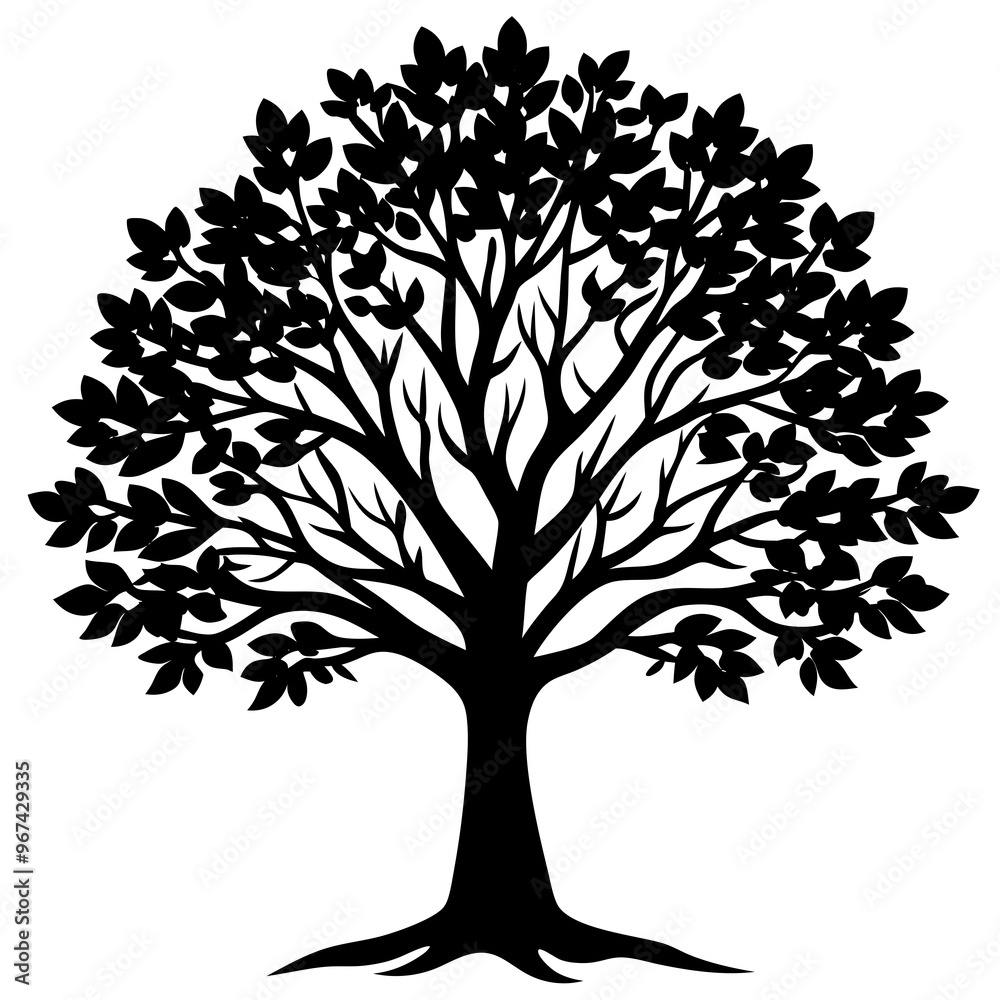 Obraz premium A detailed black silhouette of a large tree with extensive branches and dense leaves represents growth, strength, and natural beauty. Ideal for designs related to nature, stability on a white Transpa