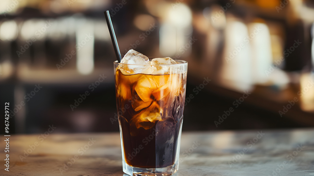 Cold coffee in a clear glass filled with ice, showcasing rich dark tones and creamy swirls, served in a trendy café environment Cold coffee in a clear glass filled with ice, showcasing rich dark tones and creamy swirls, served in a trendy café environment
