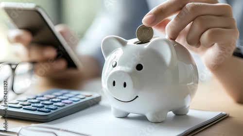 Close-up of a hand placing a coin into a cheerful piggy bank while using a phone.